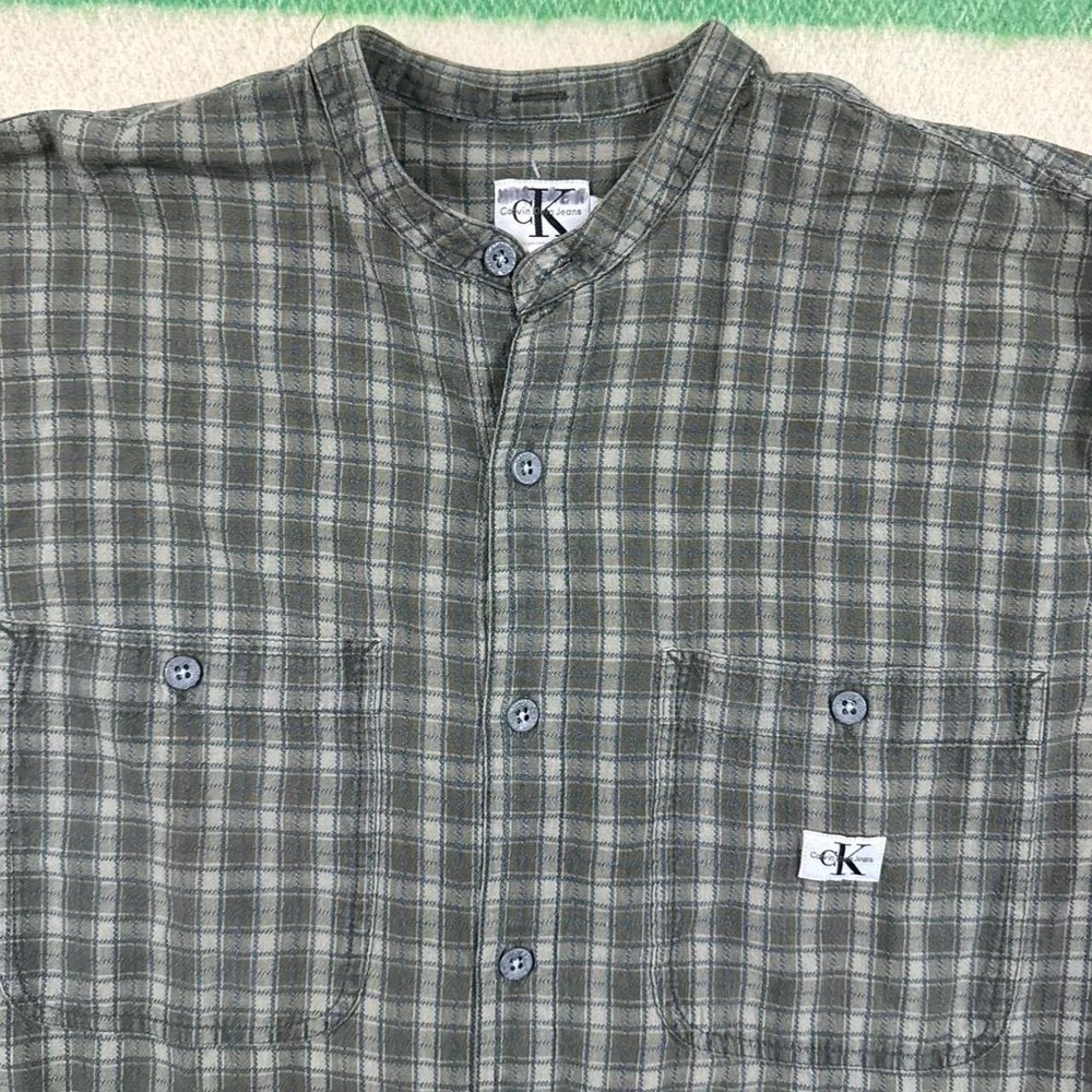 Vintage 90s Calvin Klein Band Collar Plaid Shirt Mens Medium Green Button Up